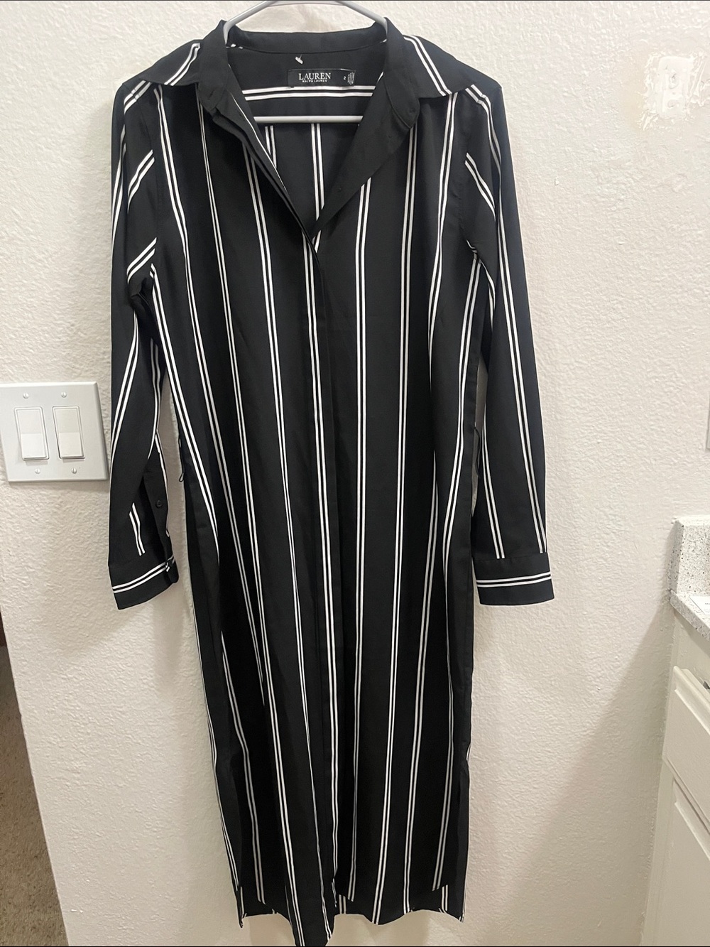 Lauren Ralph Lauren Black and White Vertical Stripe Long Sleeve Dress